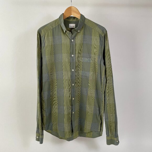 Lacoste Windowpane Check Long Sleeve Button Down Shirt, Green, Size 41 (M/L) - Picture 1 of 8